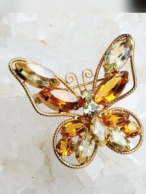 Vintage 60s Prong-set Glass and Rhinestone Goldtone Butterfly Brooch Pin